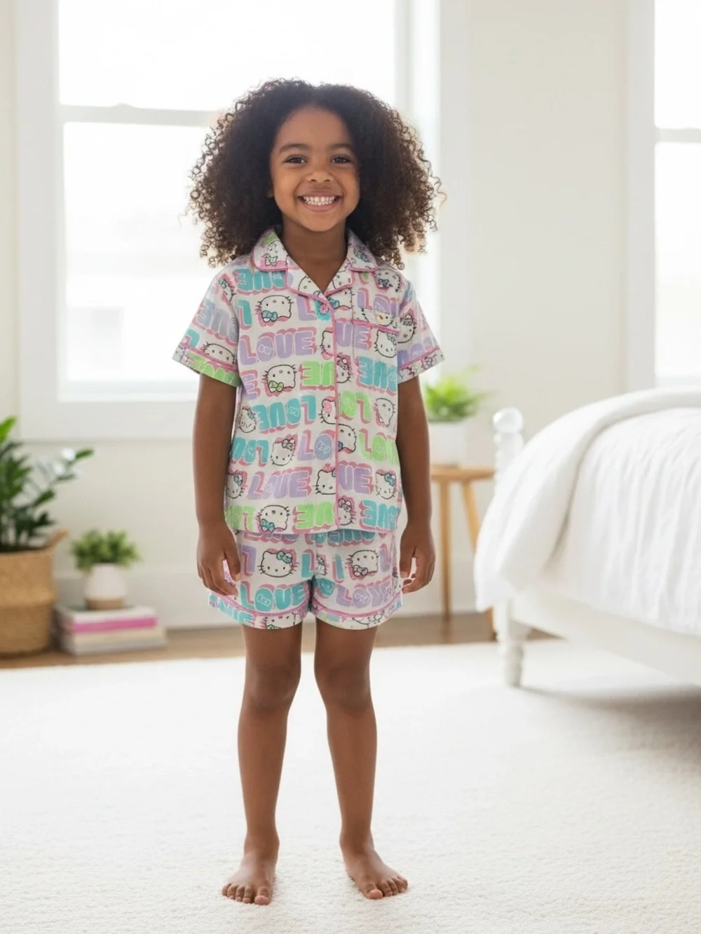 Kids' Hello Kitty Short Pajama Set in Pastel Rainbow Love Print